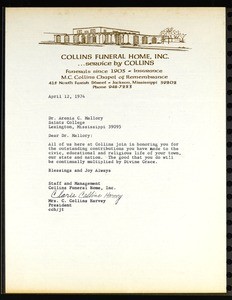 Collins Harvey (Collins Funeral Home), letter, 1974, to Mallory (Saints College)