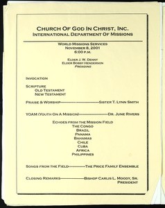 Annual Holy Convocation of the Church of God in Christ (94th: 2001), World missions services program (copy 1)