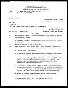 Department of Women, COGIC, meeting agenda, Memphis, 1999