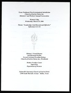 Ministers and workers convocation, Texas northeast, COGIC, Dallas, Women's day program, 2006 (4 pp.)