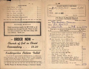 Order Form (Foreman) requesting Sunday School Literature from D.J. Young Publishing Company, 1970 Oct. 17