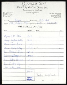 Accounting of official day offering, Waco, Texas