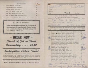 Order Form (Jenkins) requesting Sunday School Literature from D.J. Young Publishing Company, 1970 July 8