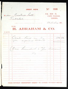 Receipt, Abraham to Lott, Liberia, 1962 Nov. 14