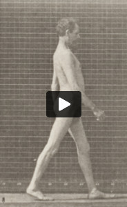 Nude man with locomotor ataxia walking with both arms up and down