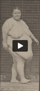 Overweight nude female walking and commencing to turn around