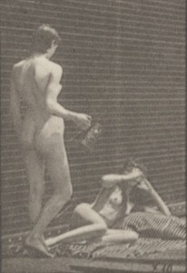 Nude woman standing and filling a goblet and the other drinks while lying on the ground