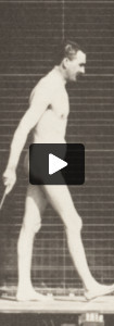 Nude man walking with cane