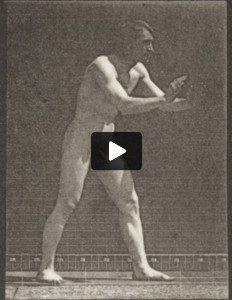 Nude man catching and throwing baseball