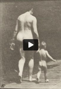 Nude woman running with a child hand in hand