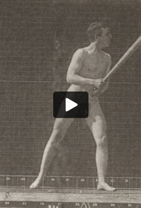 Nude man playing baseball, batting