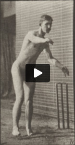 Nude man playing cricket, round-arm bowling