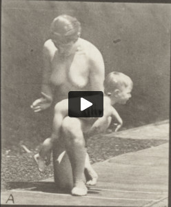 Nude woman spanking a child