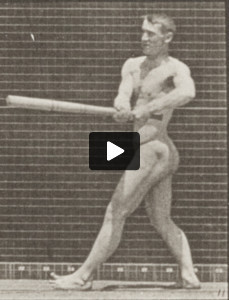 Nude man playing baseball, batting