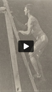 Nude man ascending a ladder