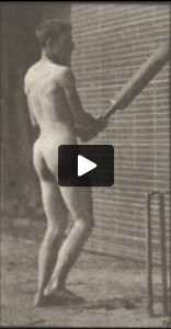 Nude man playing cricket, batting and back cut