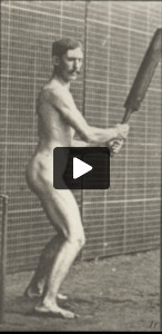 Nude man playing cricket, batting and back cut