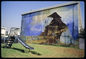 The murals of Estrada Courts. Mountain with road zigzagging to the top, Los Angeles, 1974