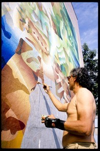 Roberto Delgado's mural on the exterior of Aliso-Pico Apartments, Los Angeles, 1989