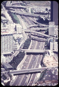 Aerial photograph of the 110 freeway going through downtown Los Angeles, ca. 1973