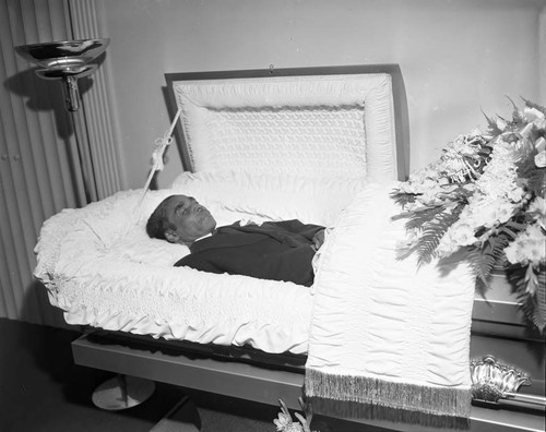 Deceased man in casket, Los Angeles, 1961