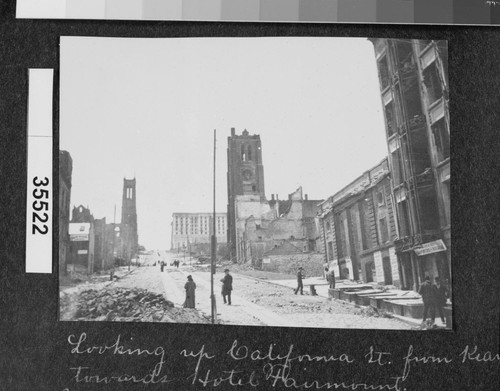 Looking up California St. from Kearney [i.e. Kearny] towards Hotel Fairmount [i.e. Fairmont]. Tower of the old St. Mary's Cathedral on right hand side of street