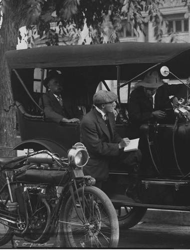 Motorcycle Policeman in South Pasadena at a Mock Traffic Stop with Joseph B. Soper in Rear Seat of Car