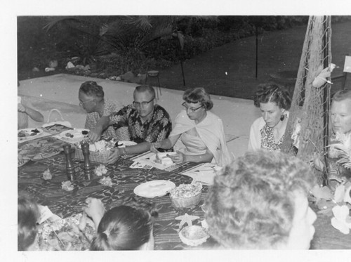 Bob Wayne, Pauline Ruch, and Betty Eckeren at Summer Luau Party