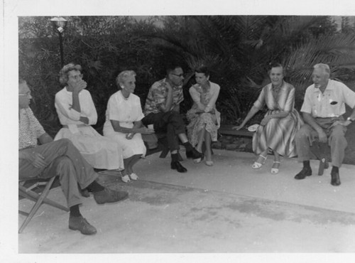 Bob Wayne, Helen Blakeslee, Florence Way, Bob Thomason, Dorothy Thomason, Bess Hoffman, and Harry Hoffman at Summer Luau Party