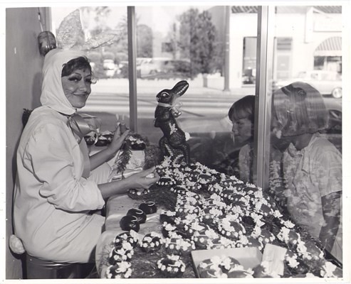 Girls Watching Shirley Cain (in Bunny Suit) Decorate Candy Easter Eggs