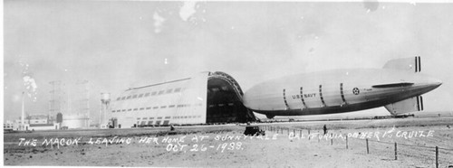 "The Macon leaving her home at Sunnyvale California, on her 1st cruize, Oct. 16 - 1938."