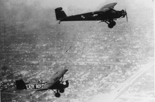 Bobbi Trout and Edna Mae Copper in refueling flight for Lady Rolph 1931