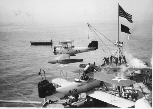 Vought O2U-1 launching from battleship New Mexico US Navy photo