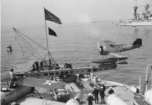 Vought O2U-1 launching from battleship New Mexico US Navy photo