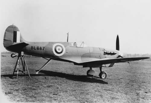 Supermarine Spitfire Mk Vb, BL687. A Spitfire VB transforned into a Seafire IB. BL687 has been equipped with an A-frame aresstor hook. This conversion took approximately 10,130 hours to complete, and it was not until 15 June 1942 that the first Seafire IB