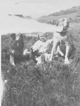 Jean Ward Keiler and two dogs, circa early 1900s