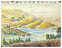 Watercolor showing Hills across Richardson Bay