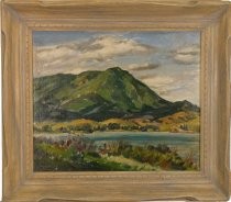 Framed oil painting. A view of Mount Tamalpais from across Richardson Bay