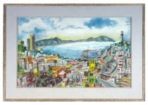 Framed watercolor of San Francisco & Marin Hills including Coit Tower