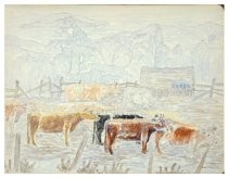 Watercolor of cows in a pen, an out building, rolling hills and water