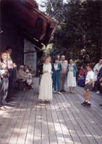 Anne Montgomery speaking on the library deck, 1991