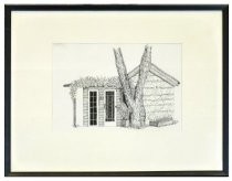 Framed pen and ink drawing depicts an adobe house located at 205 West Blithedale