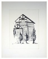 Matted pen and ink drawing. Depicts the front of a house located at 390 Throckmorton Ave