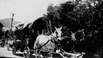 Jacob Gardner in a covered wagon in a parade on Miller Avenue, date unknown