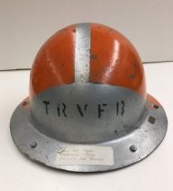 Fiberglass safety helmet, painted silver and orange, date unknown