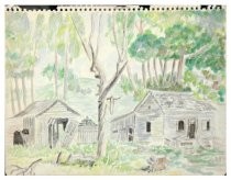 Watercolor painting depicts several derelict buildings in front of a grove