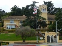 Tamalpais High School exterior with flags, 2016