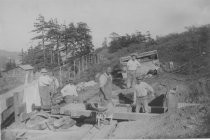 MMWD workers pouring cement for Mill Valley Reservoir close-up, date unknown