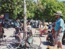 Max Perkoff performing a concert at the Mill Valley Depot Plaza, 1999