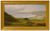 Oil painting of Stinson Beach and Bolinas lagoon, with cows grazing